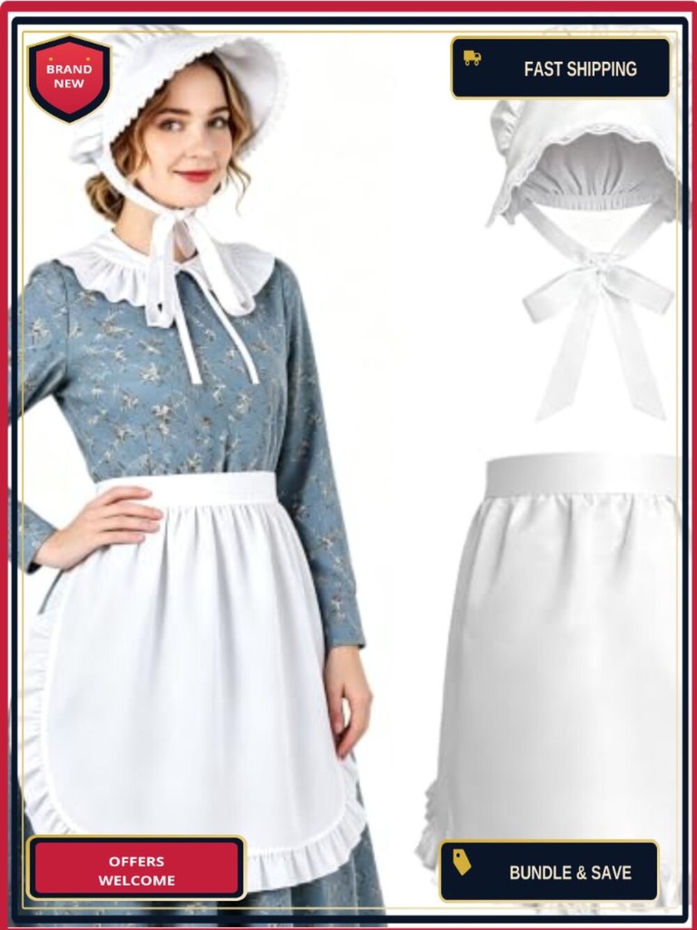 2Pc Women Colonial Costume Accessory Set Bonnet Waist Apron Pioneer Cosplay